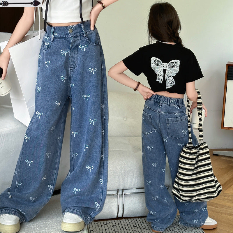 Girls Pants Jeans Bow Printed Wide Leg Pants Fashionable Western Style