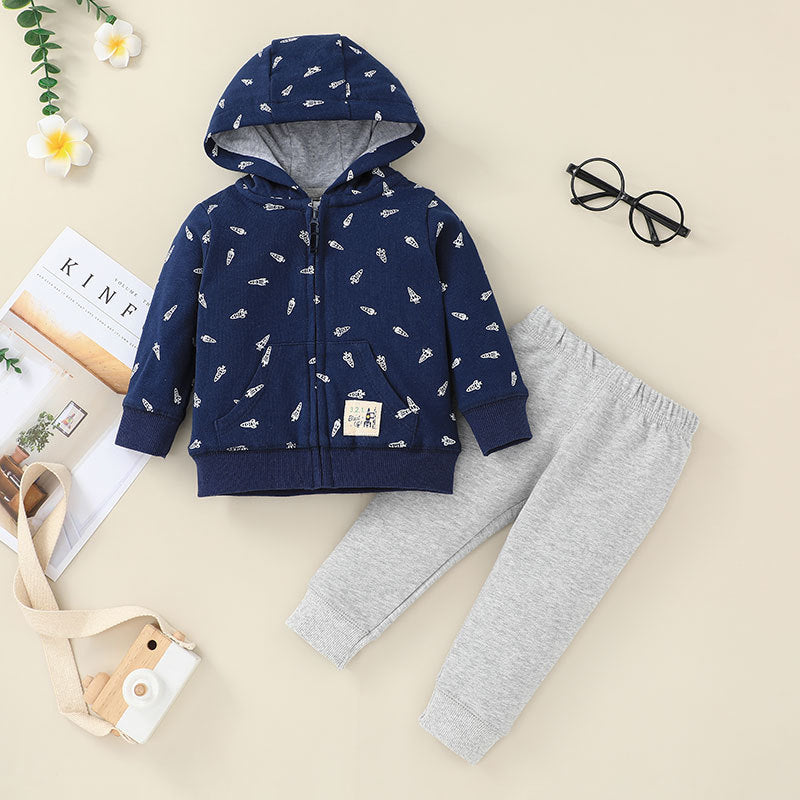 Baby Hooded Zipper Jacket Set Baby Cartoon Variety Of Tops + Trousers Two-piece Set