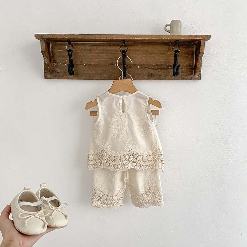 Girls' Suit Summer New Vespouse Two-Piece Set Baby Girl's Lace Embroidered Little Girl's Clothes