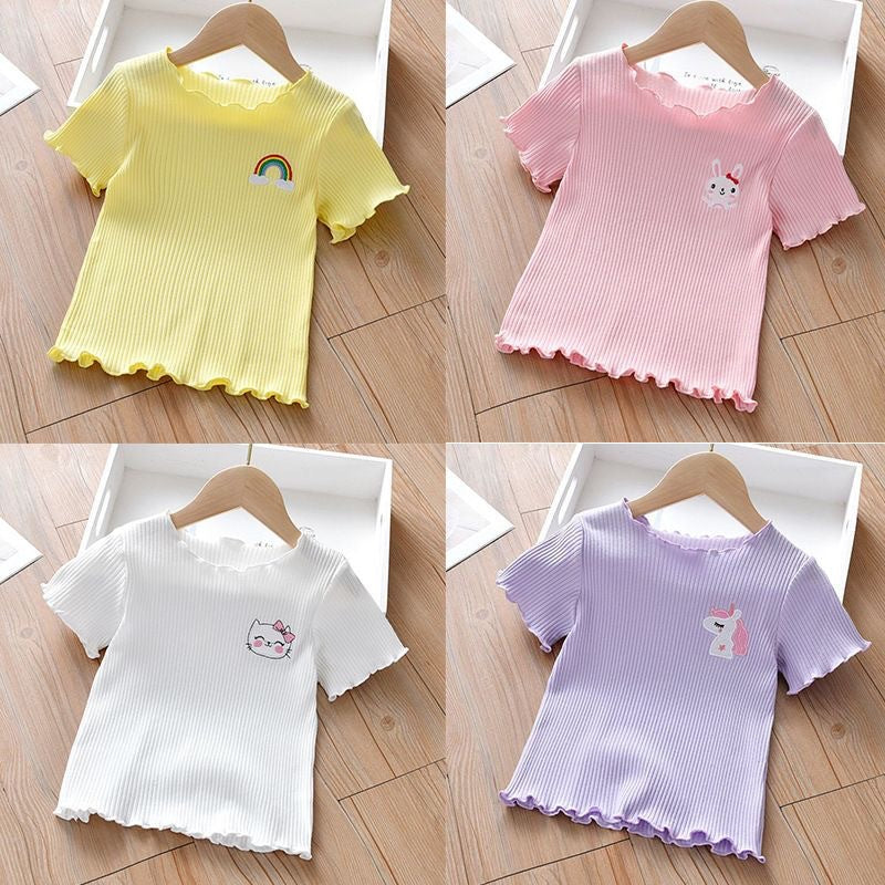 Embroidered Children's Short-sleeved T-shirt Summer Wear Ear Base Shirt Little Girl Baby Cute Western Style Top