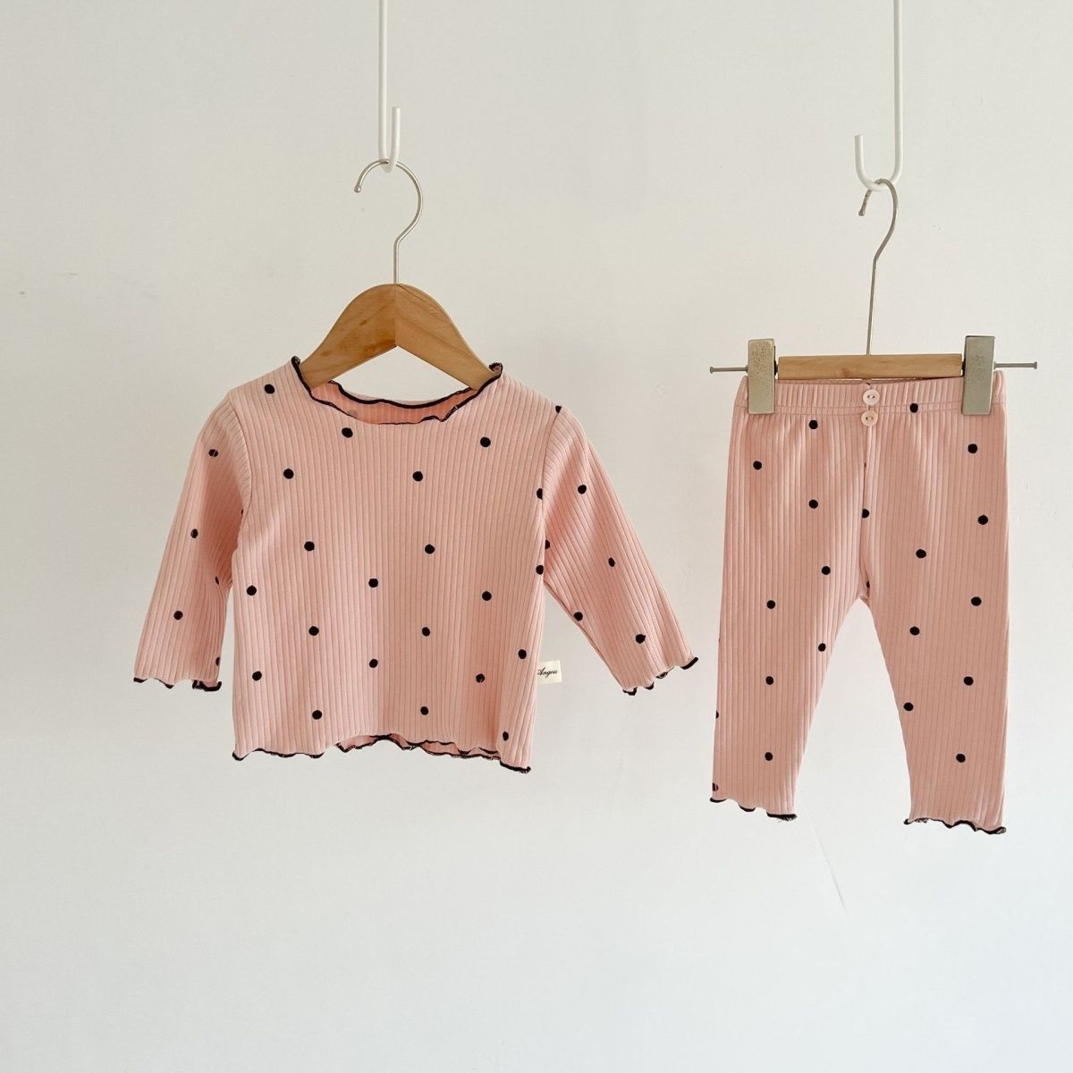 Girls' Home Wear Autumn New Baby Girls' Long-sleeved Ice Silk Rib Pit Pajamas Two-piece Set Wooden Ear Suit