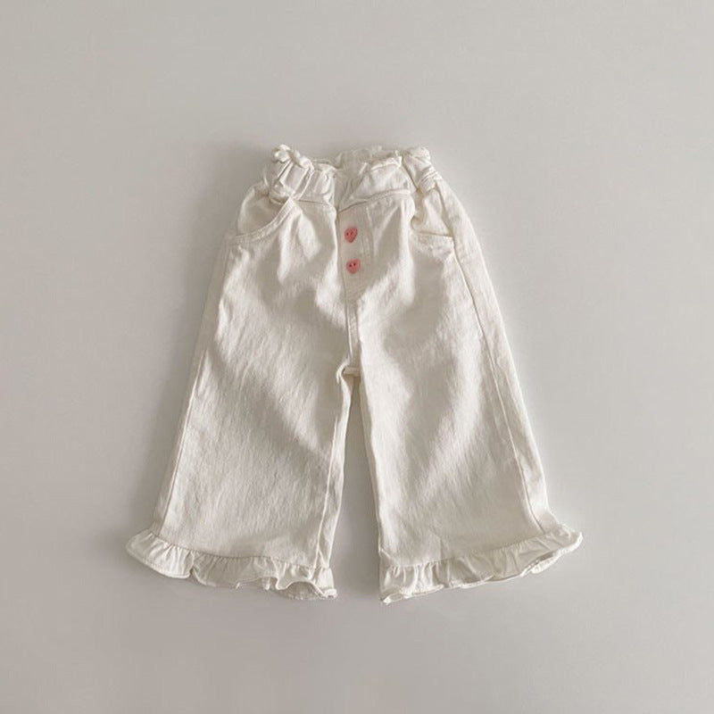 Girls Pants Vintage Wood-ear Casual Lace Wide Leg Pants Children trendy Pants