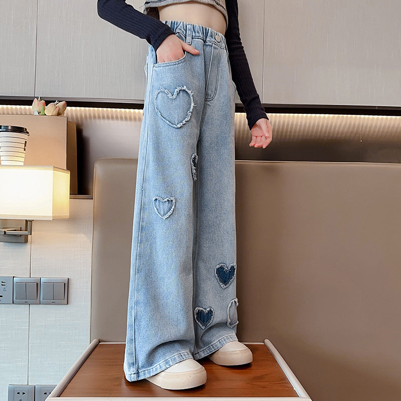 Girls' Love Frayed Denim Wide-leg Pants Loose