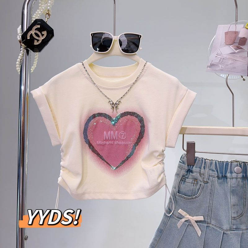 Sequin Fashionable Loving Heart Tight Waist Slimming Short-Sleeved T-Shirt All-Match Stylish Short Top