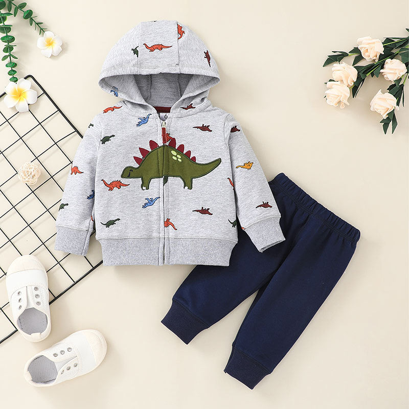 Baby Hooded Zipper Jacket Set Baby Cartoon Variety Of Tops + Trousers Two-piece Set