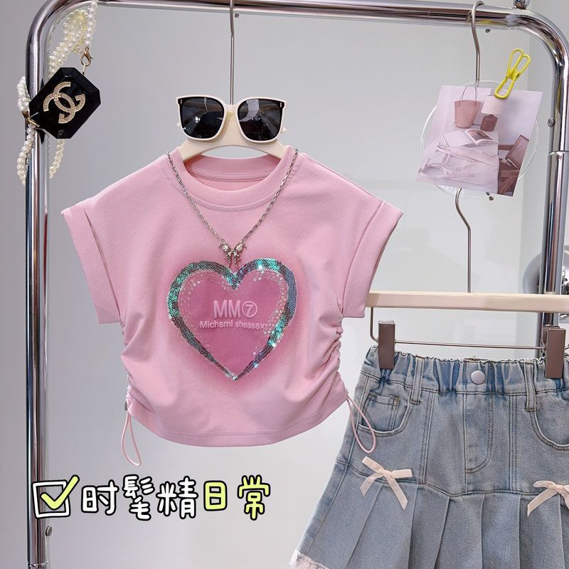 Sequin Fashionable Loving Heart Tight Waist Slimming Short-Sleeved T-Shirt All-Match Stylish Short Top