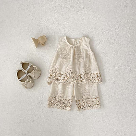 Girls' Suit Summer New Vespouse Two-Piece Set Baby Girl's Lace Embroidered Little Girl's Clothes