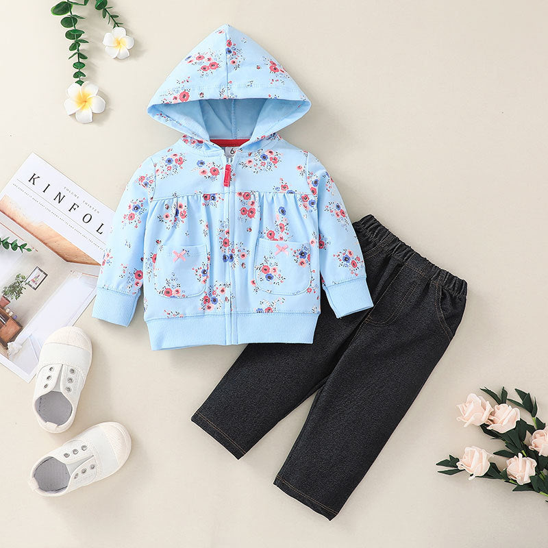 Baby Hooded Zipper Jacket Set Baby Cartoon Variety Of Tops + Trousers Two-piece Set