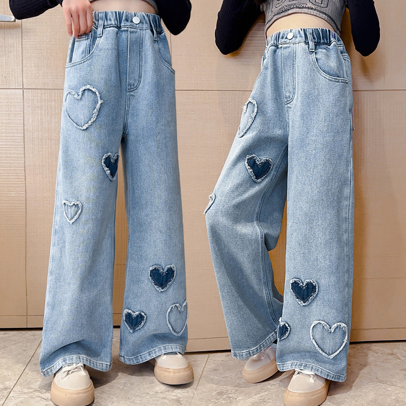 Girls' Love Frayed Denim Wide-leg Pants Loose