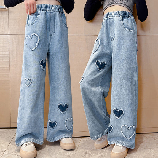 Girls' Love Frayed Denim Wide-leg Pants Loose