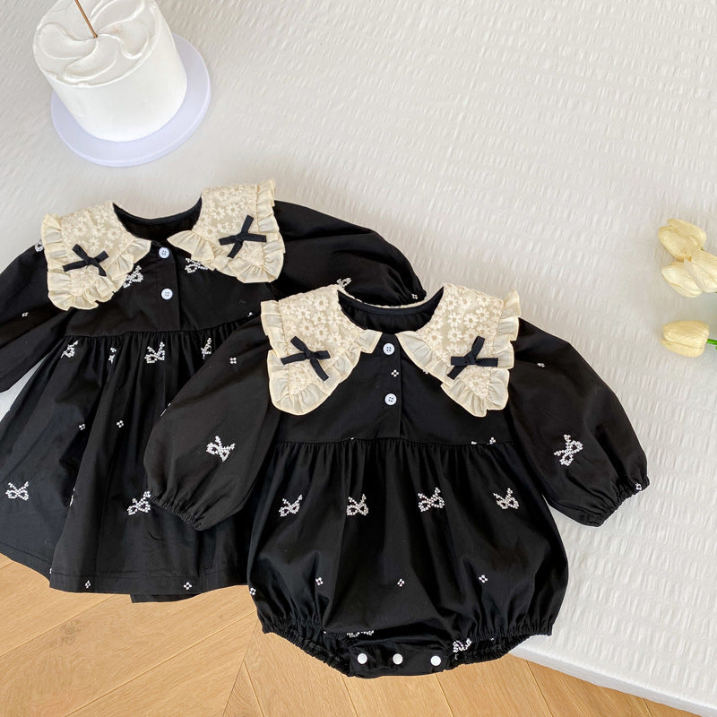 Baby Jumpsuit Spring And Autumn New Long-sleeved Triangle Hats Bow Collar Baby Girl Black Climbing Suit