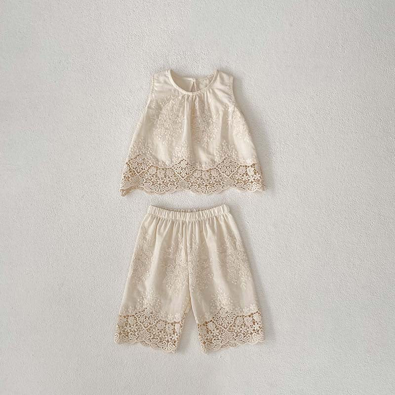 Girls' Suit Summer New Vespouse Two-Piece Set Baby Girl's Lace Embroidered Little Girl's Clothes