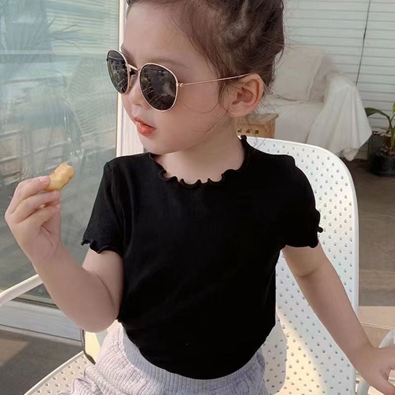 Embroidered Children's Short-sleeved T-shirt Summer Wear Ear Base Shirt Little Girl Baby Cute Western Style Top