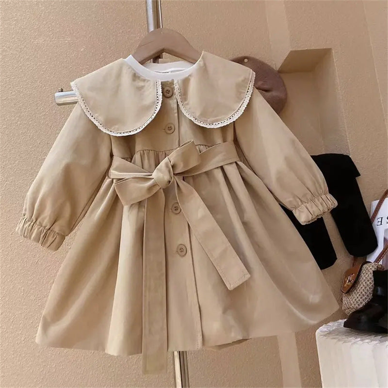 Girls' Stylish Doll Collar Coat Waist Jacket Coat Little Girl's Autumn Clothes