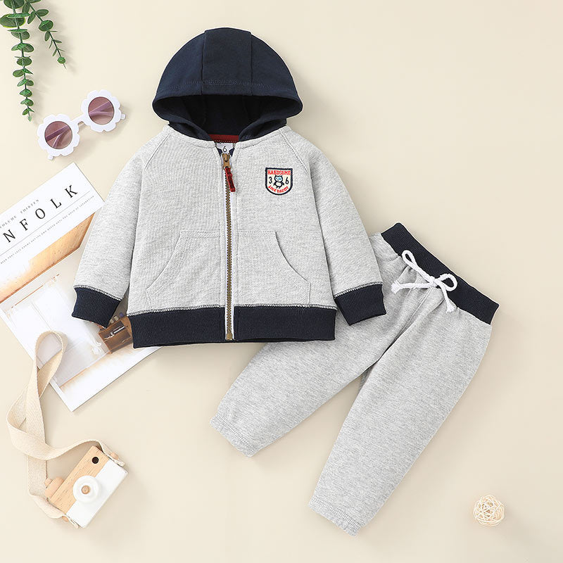 Baby Hooded Zipper Jacket Set Baby Cartoon Variety Of Tops + Trousers Two-piece Set