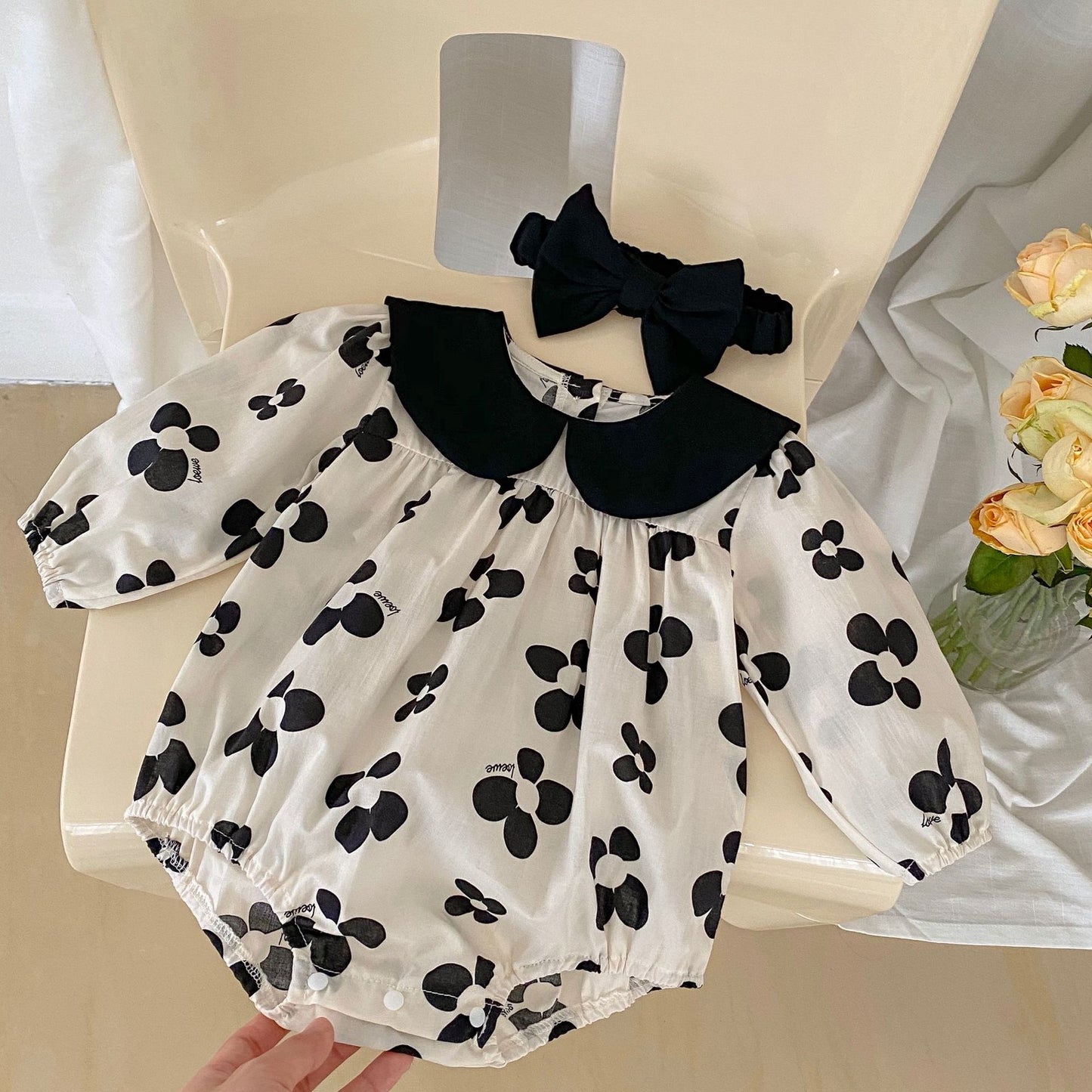 Western Style Baby Girl Long Sleeve Flower Hare Princess Bag Fart Crawling Clothes Hair Belt