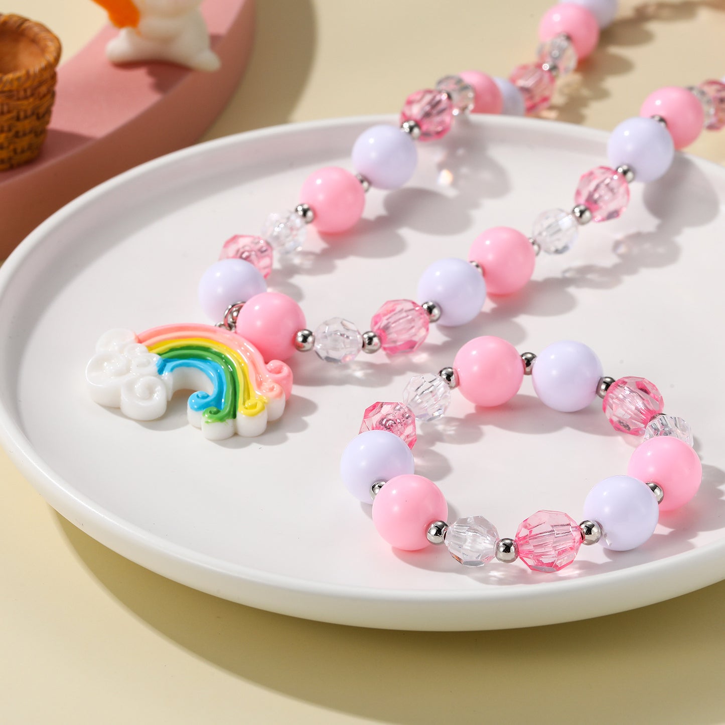 Necklace Suit Pink Girl Beaded Bracelet Necklace Unicorn Rainbow Pendant Necklace