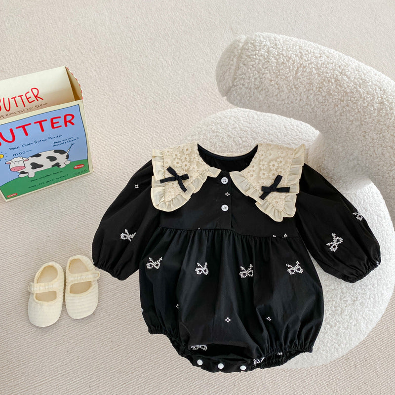 Baby Jumpsuit Spring And Autumn New Long-sleeved Triangle Hats Bow Collar Baby Girl Black Climbing Suit