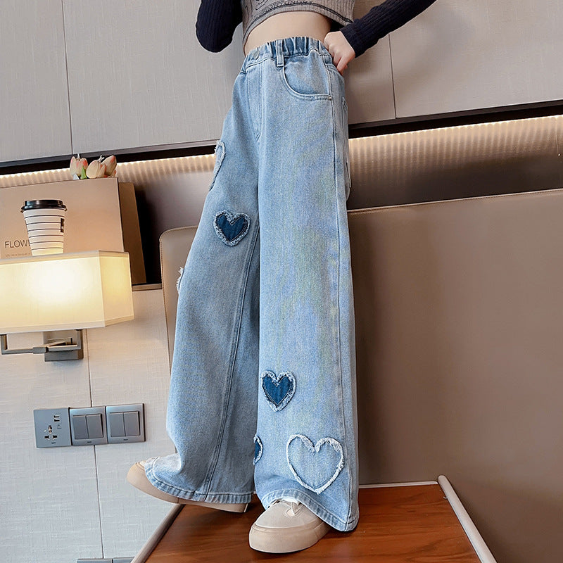 Girls' Love Frayed Denim Wide-leg Pants Loose