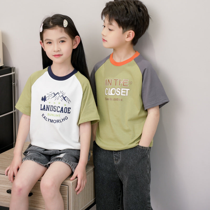 Summer Children's Short-sleeved T-shirt Boys' Raglan Printed Cotton Big Children's Half-sleeved Girls' Bottoming Top Children's Children's Wear