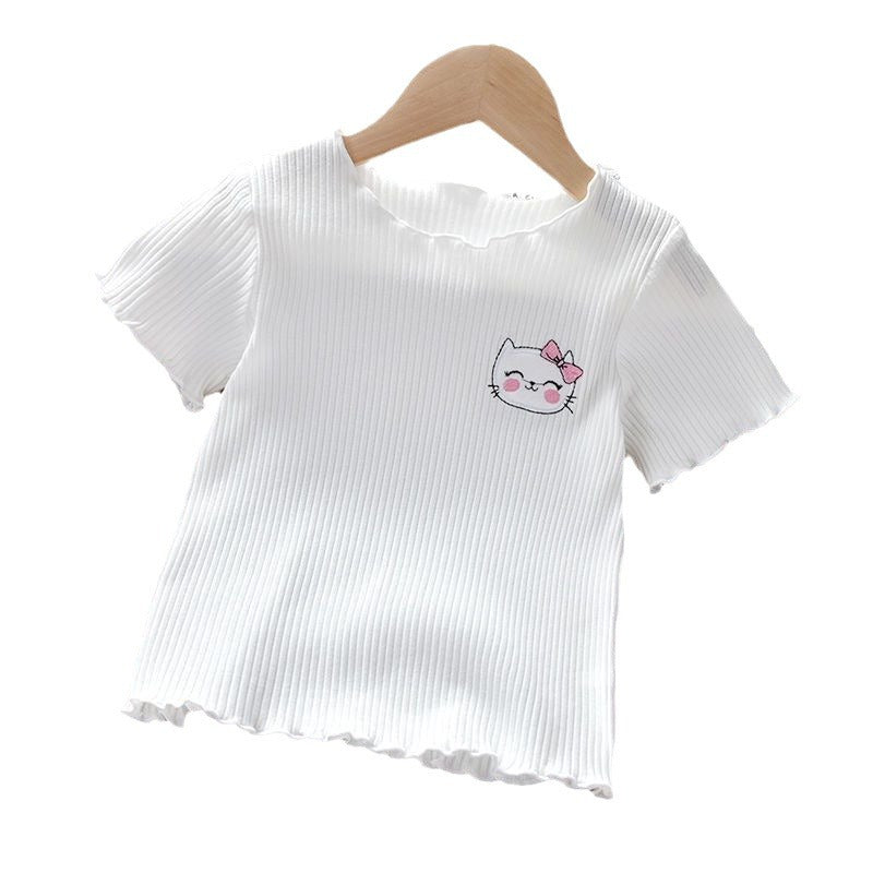 Embroidered Children's Short-sleeved T-shirt Summer Wear Ear Base Shirt Little Girl Baby Cute Western Style Top