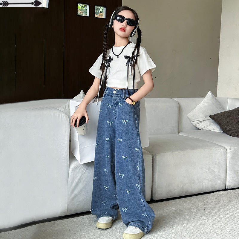 Girls Pants Jeans Bow Printed Wide Leg Pants Fashionable Western Style