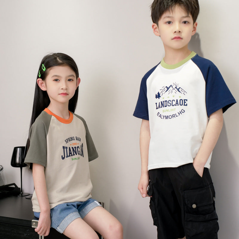 Summer Children's Short-sleeved T-shirt Boys' Raglan Printed Cotton Big Children's Half-sleeved Girls' Bottoming Top Children's Children's Wear