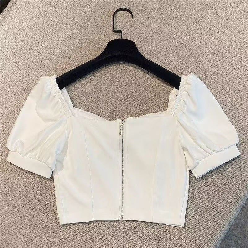 Girls' Puff Sleeve Shirt Square Collar Bow Diamond-embedded Children's Fashion Short Top Fashion