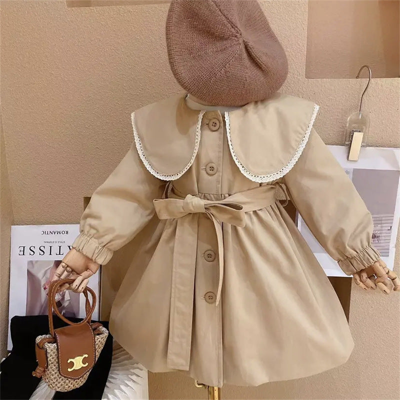 Girls' Stylish Doll Collar Coat Waist Jacket Coat Little Girl's Autumn Clothes