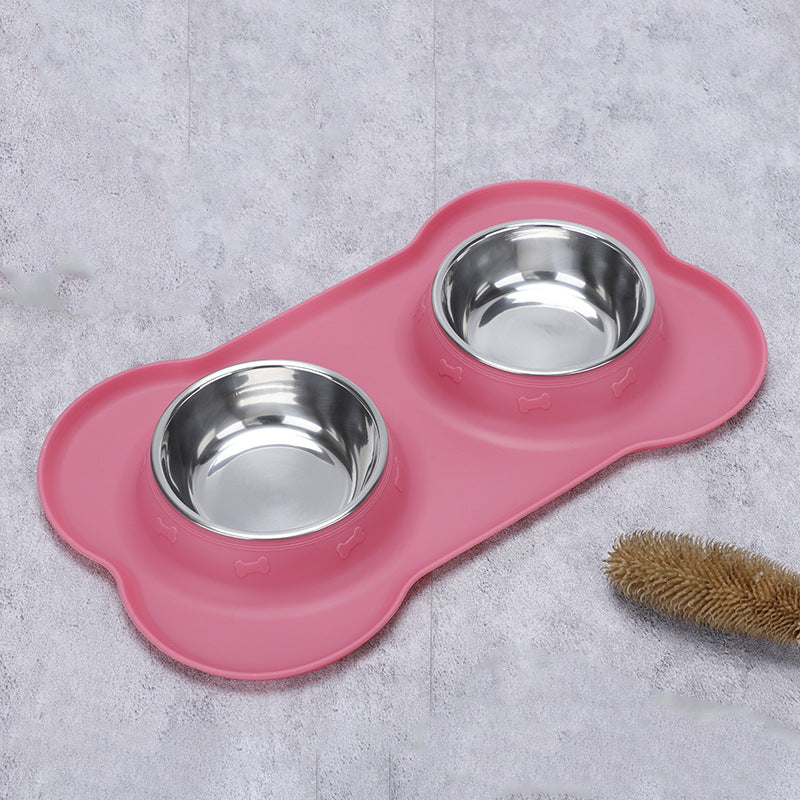 Silicone Pet Bowl Roll Border Spill Cat And Dog Pet Feeding Bowl Portable Foldable Silicone Dog Bowl Stainless Steel Double Bowl