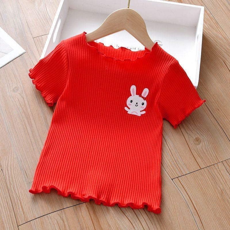 Embroidered Children's Short-sleeved T-shirt Summer Wear Ear Base Shirt Little Girl Baby Cute Western Style Top