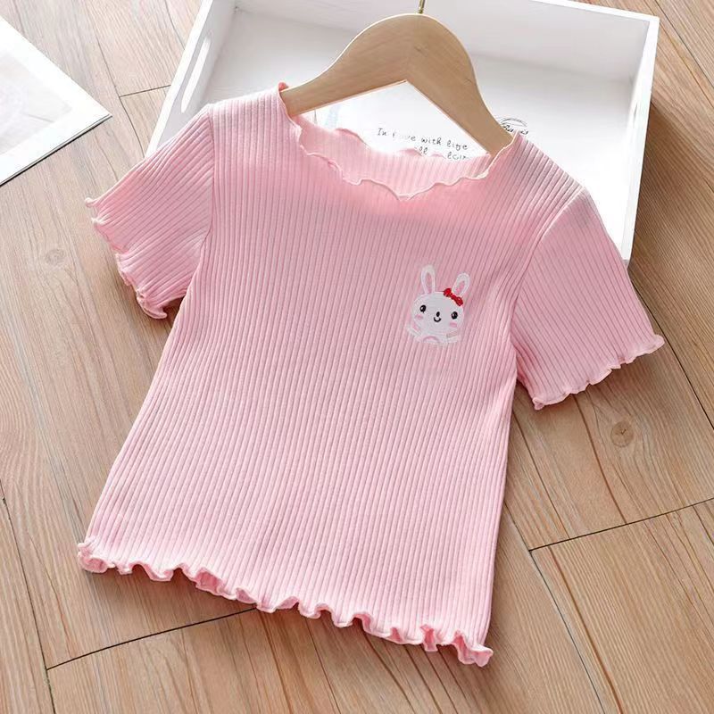 Embroidered Children's Short-sleeved T-shirt Summer Wear Ear Base Shirt Little Girl Baby Cute Western Style Top