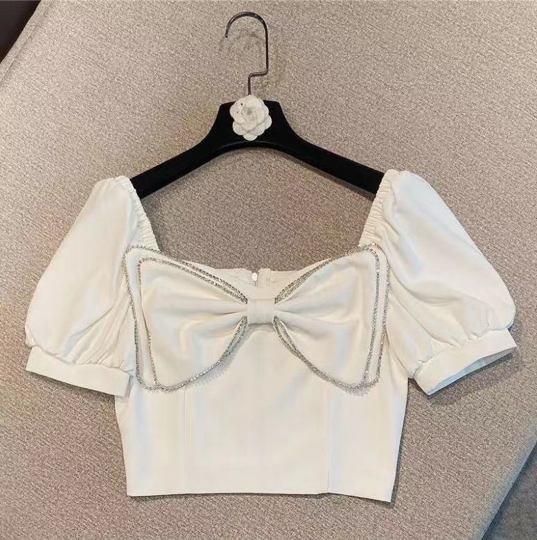 Girls' Puff Sleeve Shirt Square Collar Bow Diamond-embedded Children's Fashion Short Top Fashion