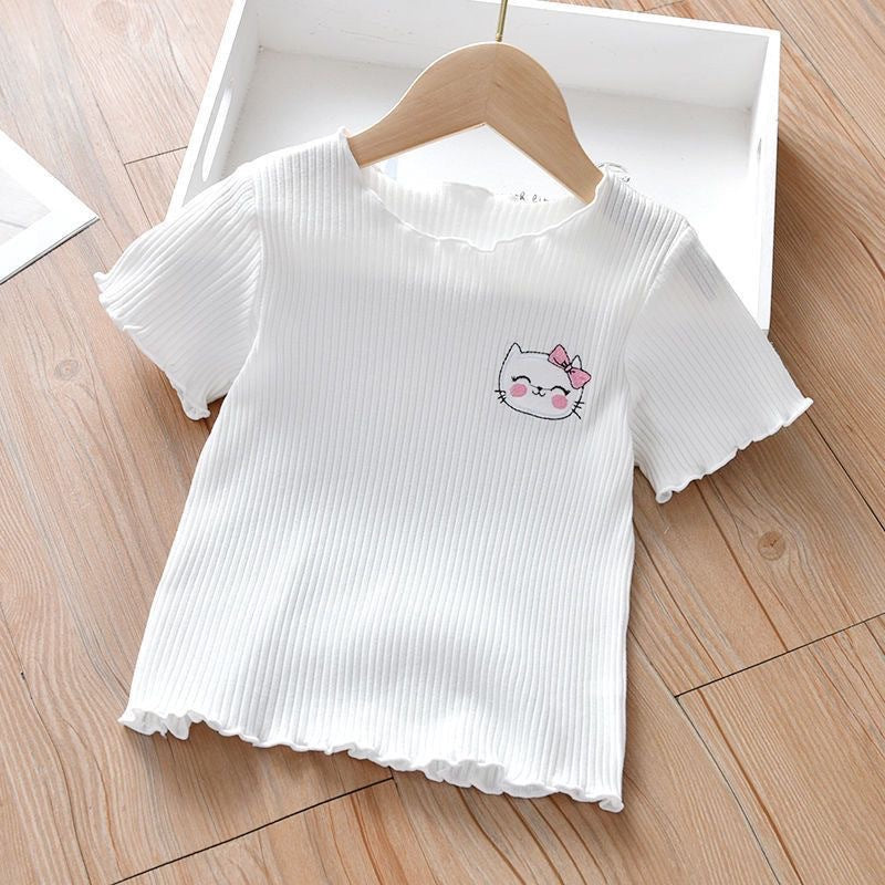 Embroidered Children's Short-sleeved T-shirt Summer Wear Ear Base Shirt Little Girl Baby Cute Western Style Top