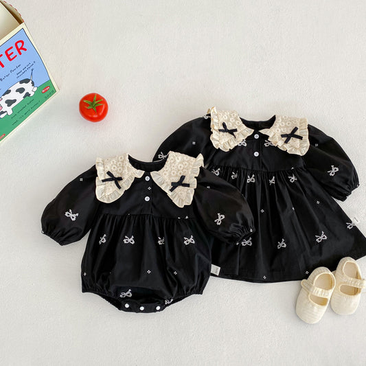 Baby Jumpsuit Spring And Autumn New Long-sleeved Triangle Hats Bow Collar Baby Girl Black Climbing Suit