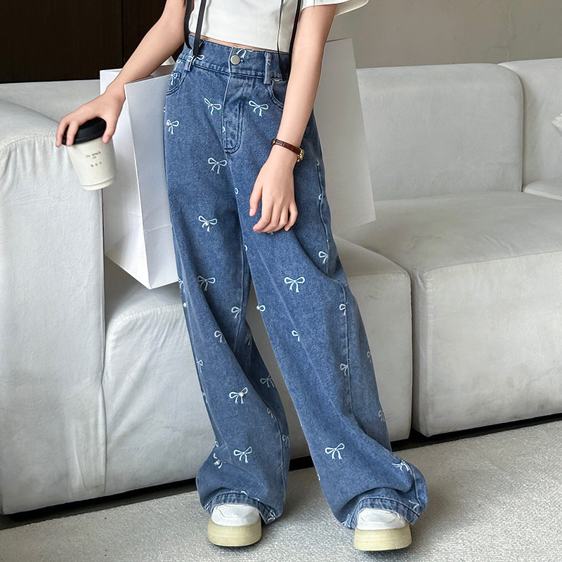 Girls Pants Jeans Bow Printed Wide Leg Pants Fashionable Western Style