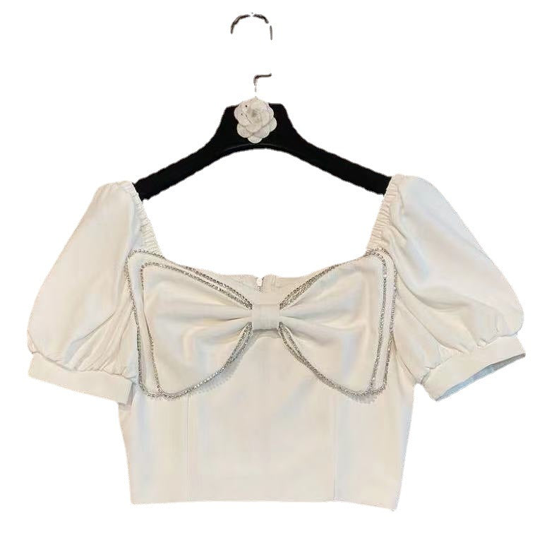 Girls' Puff Sleeve Shirt Square Collar Bow Diamond-embedded Children's Fashion Short Top Fashion