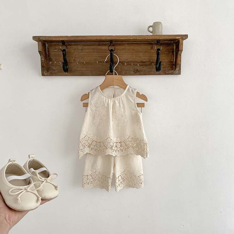 Girls' Suit Summer New Vespouse Two-Piece Set Baby Girl's Lace Embroidered Little Girl's Clothes