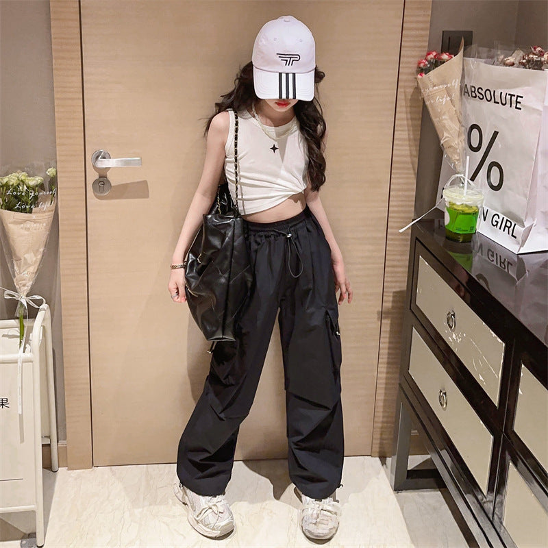 Girls' Caution Pants Street-style Foot Pants Girls' Street Dance High Waist Pants