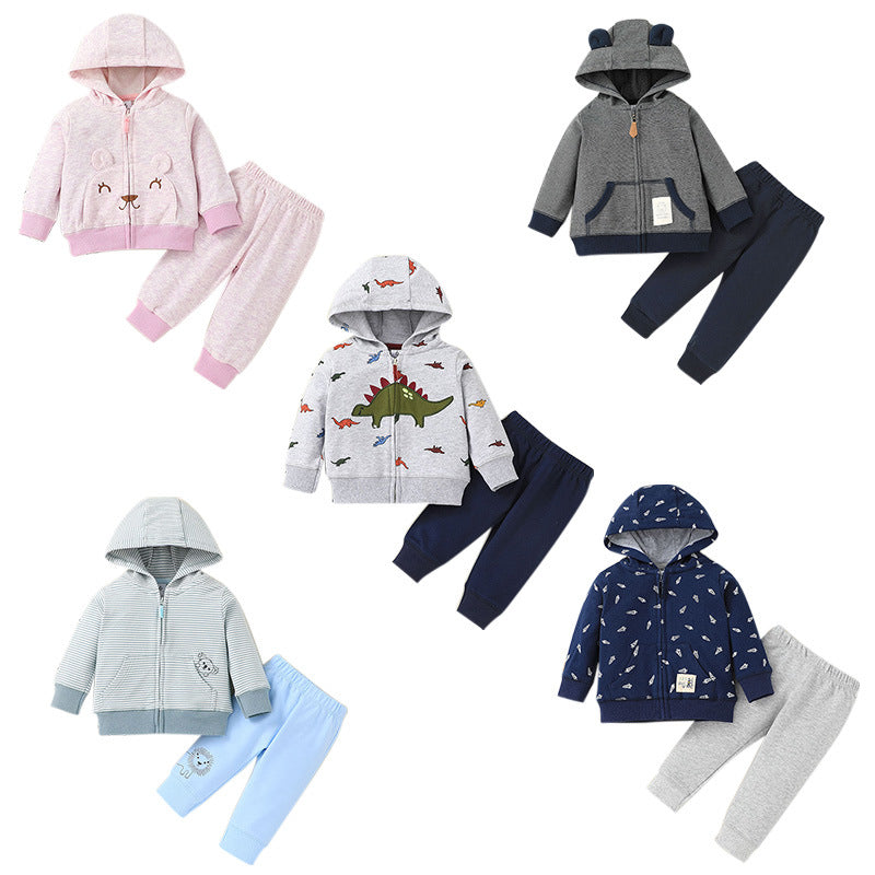 Baby Hooded Zipper Jacket Set Baby Cartoon Variety Of Tops + Trousers Two-piece Set