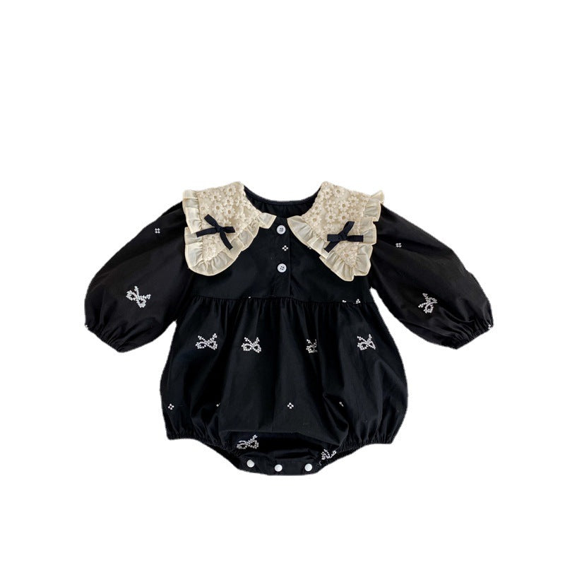 Baby Jumpsuit Spring And Autumn New Long-sleeved Triangle Hats Bow Collar Baby Girl Black Climbing Suit