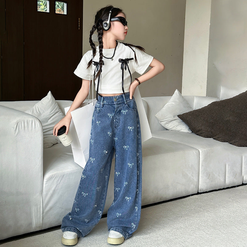 Girls Pants Jeans Bow Printed Wide Leg Pants Fashionable Western Style