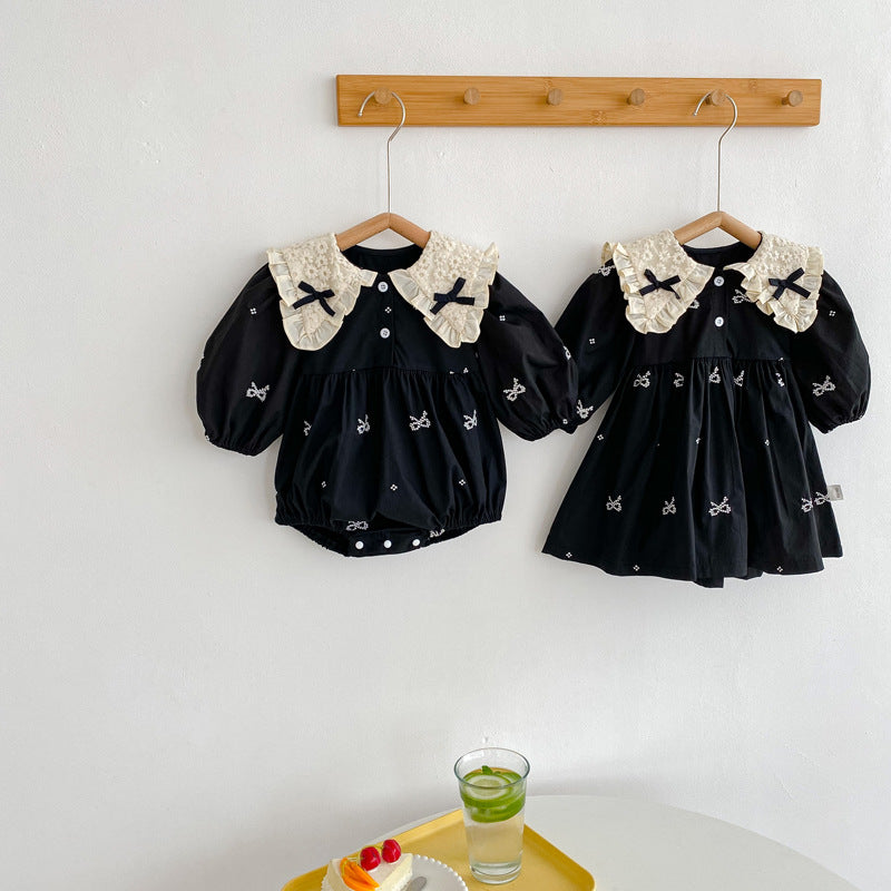 Baby Jumpsuit Spring And Autumn New Long-sleeved Triangle Hats Bow Collar Baby Girl Black Climbing Suit