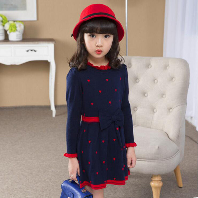 Children's Clothing Color Selection Girl Sweater Dress Long-sleeved Round Neck Bow Stitching Korean Princess Dress