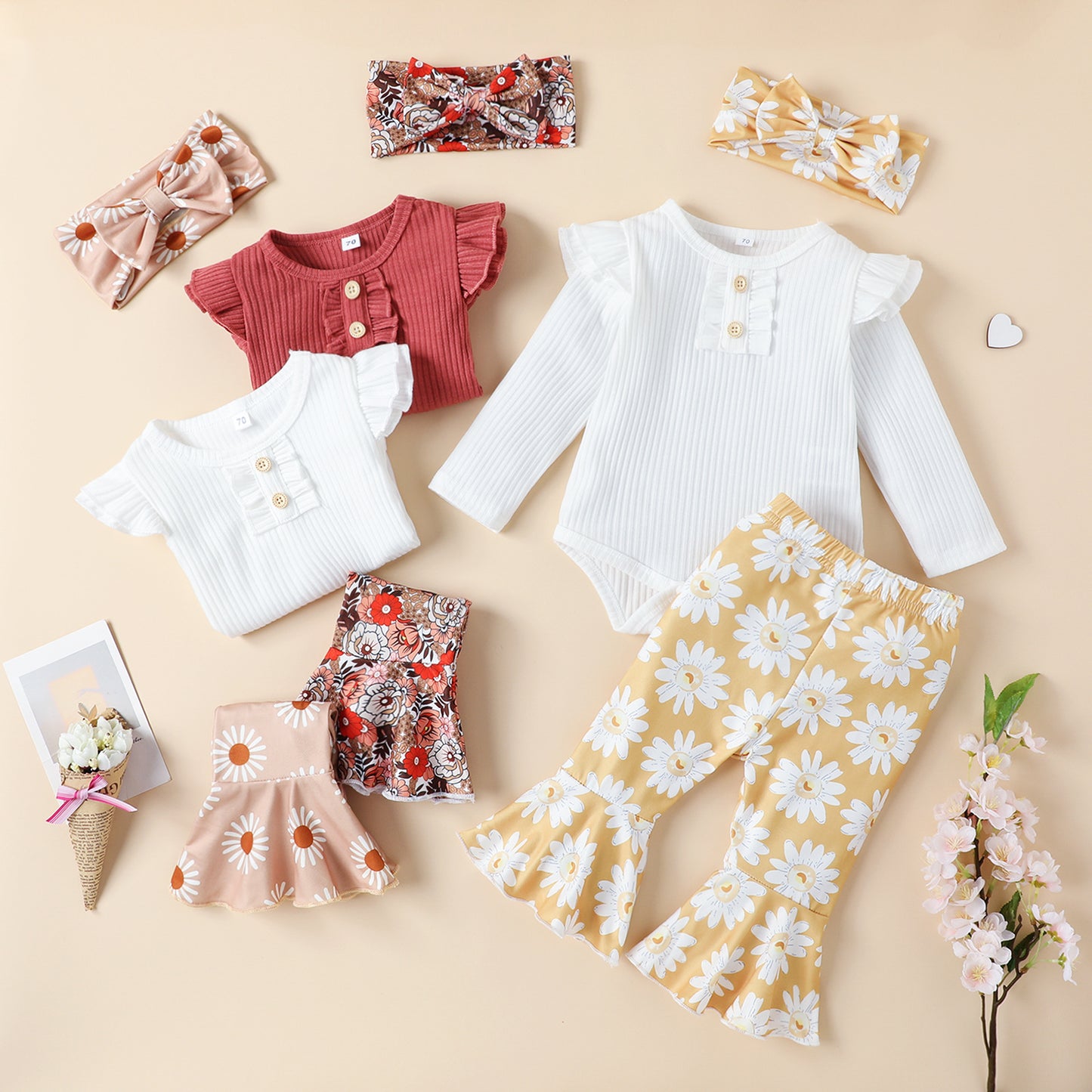 Autumn Baby Children's Suit Solid Color Rib Fabric Romper Flared Pants Headdress Three-piece Set