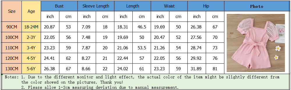 Children's Clothing Girls' Temperament Square Collar Transparent Puff Sleeve Jumpsuit With Belt