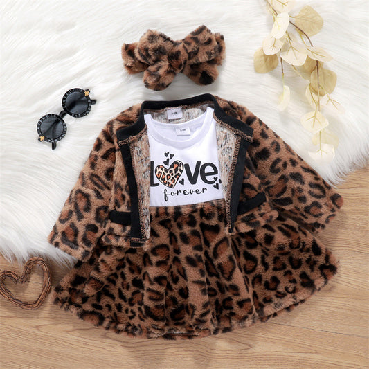 Baby Girl Letter Stitching Leopard Print Dress