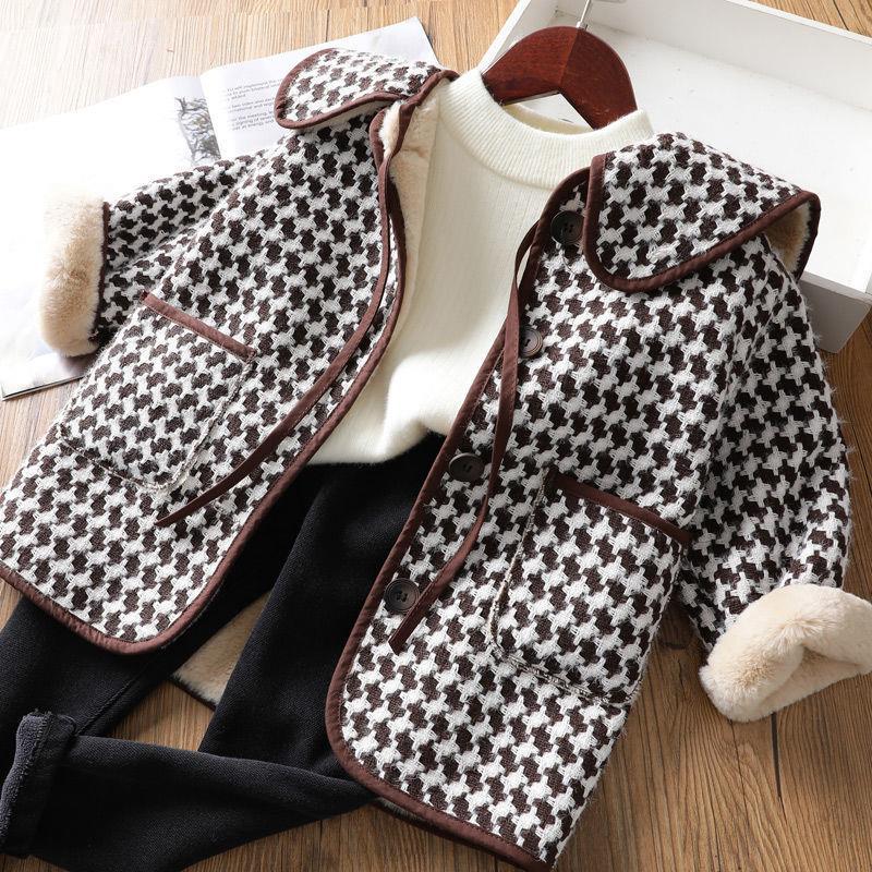 Girls' Casual Fashion Fleece Thickened Plaid Coat