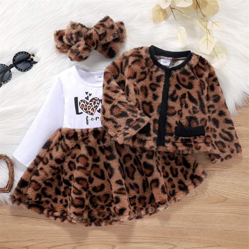 Baby Girl Letter Stitching Leopard Print Dress