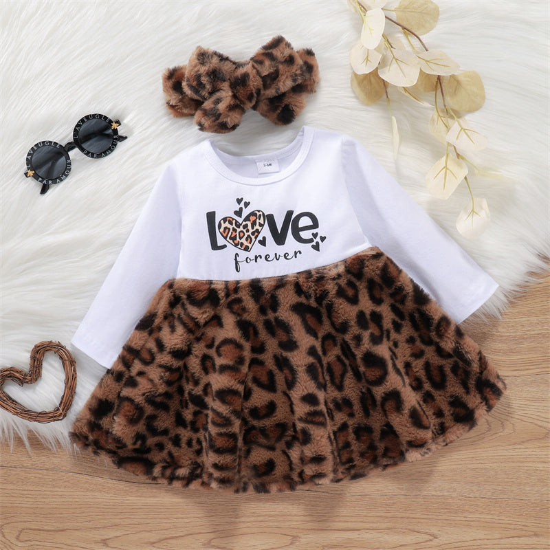 Baby Girl Letter Stitching Leopard Print Dress